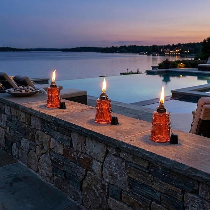 Seraphic Citronella Table Top Torches for Outdoor Patio, 16oz Decorative Glass Torch Citronella Candles for Outside Deck, Garden, Parties, Set of 3, Amber