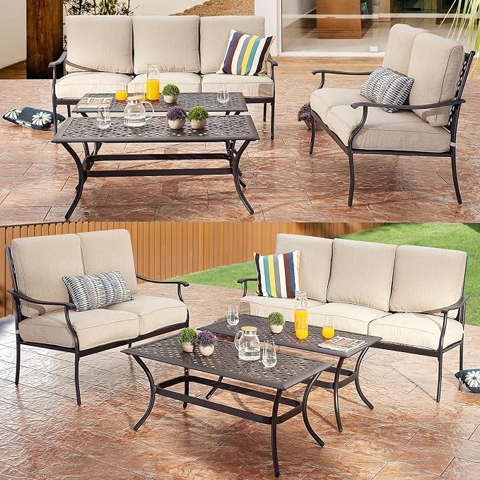 Patio Conversation Set 6 Pieces Outdoor All Weather Furniture Seating Sets with Beige Thick Cushions