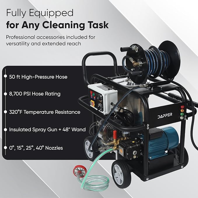 Dapper Supply 2600 PSI Electric Hot Water Pressure Washer 4 0 GPM Commercial Hot Water Power Washer Diesel Heated Water Cooled Triplex Pump 50 ft Hose 120V 20A