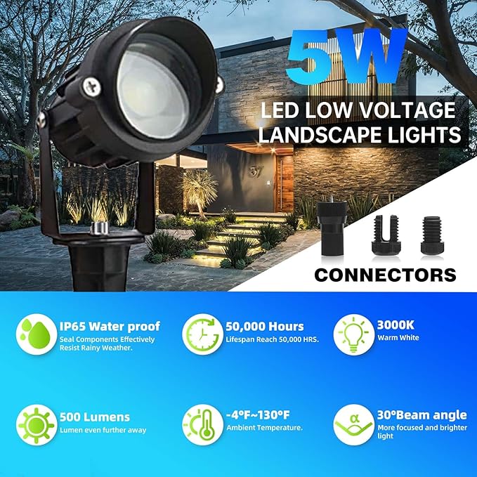 Low Voltage Landscape Lights Outdoor LED Landscape Lighting with Connectors 5W 500LM Focusing Lens Spotlights,24V AC/DC 3000K Warm White Waterproof IP65 Pathway Garden Yard Lights 6PACK