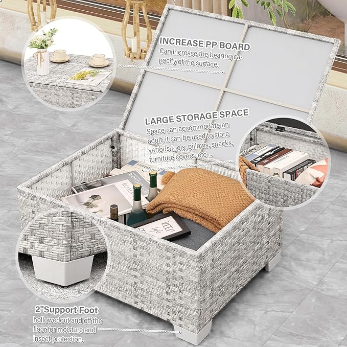 WAROOM Patio Furniture Set 6 Piece PE Rattan Outdoor Conversation Sets Grey Wicker Couch Sectional Sofa with Fire Pit Table and Grey Cushion