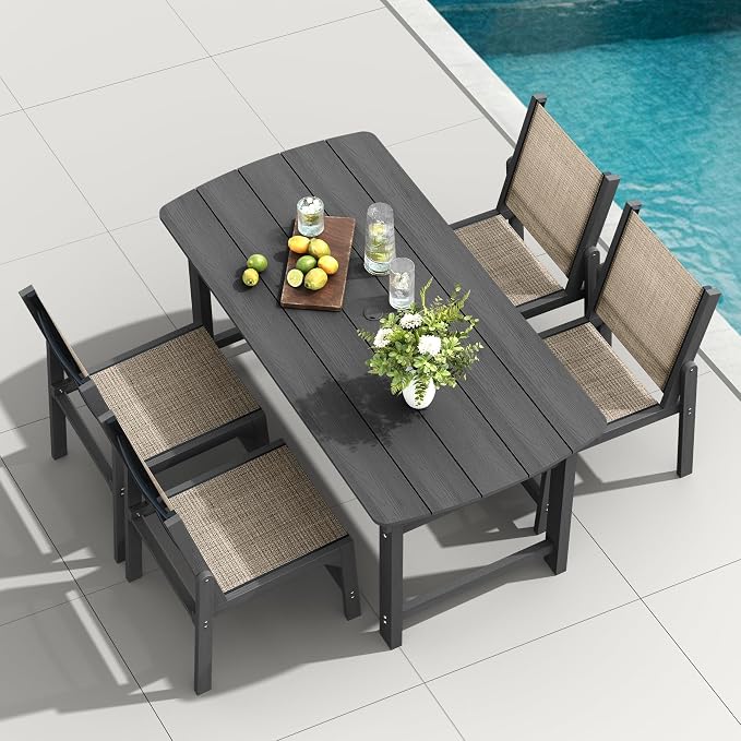 HDPE Outdoor Patio Dining Set with Table & 4 Stackable Armless Textilene Chairs, All-Weather 5-Piece Dining Table Set with Umbrella Hole, Patio Furniture for Garden, Poolside, Backyard, Deck | Grey