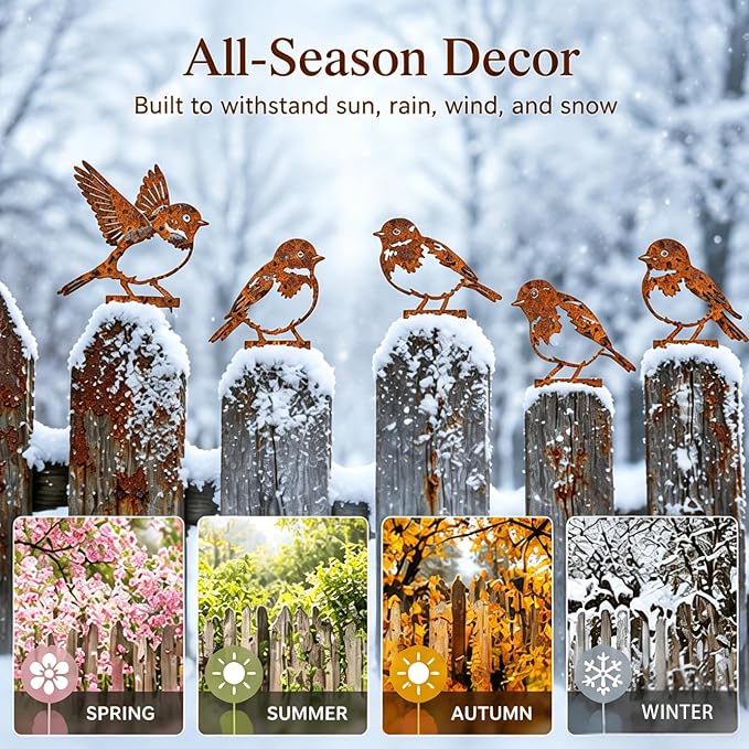 7 PCS Rust-Effec Painted Metal Bird Sculptures - Vintage Rustic Wrought Iron Bird, Vivid 2D Garden Decor for Outdoor Fences, Patio, Yard for Bird Lovers