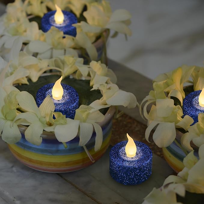 FURORA LIGHTING Royal Blue Glitter LED Tealight Candles Pack of 12, Flameless Flickering Tealight Candles for Home Décor, 1.5’’(W) x 1.65’’(H), Battery Operated