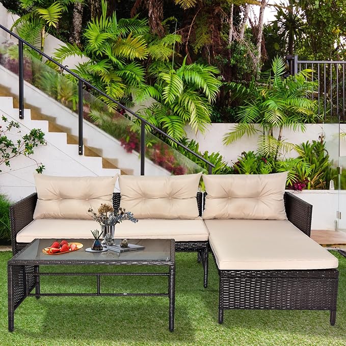 JHshop 3 Pieces PE Rattan Wicker Chairs with Table Outdoor Furniture for Backyard, Outdoor Furniture Set Patio Conversation Loveseat Sofa Sectional Couch,Balcony Sofa Set with Table for Outside Porch