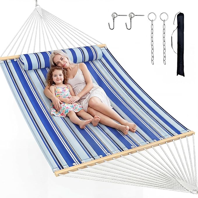 Double Hammock with Spreader Bar & Pillow, 2-Person Portable Hammock, 500lbs Capacity for Outdoor Camping, Patio, Backyard, Garden, Beach & Travel Relaxation – Blue