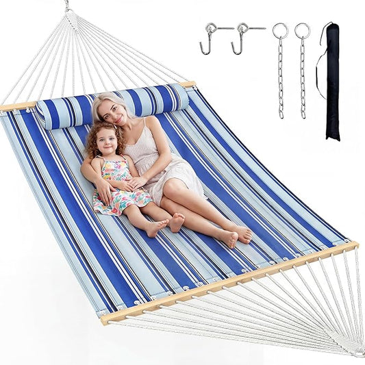 Double Hammock with Spreader Bar & Pillow, 2-Person Portable Hammock, 500lbs Capacity for Outdoor Camping, Patio, Backyard, Garden, Beach & Travel Relaxation – Blue