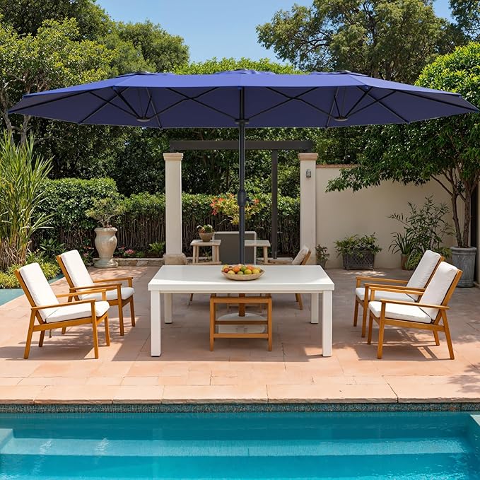 15ft Double-Sided Outdoor Patio Umbrella, Table Umbrellas with Steel Ribs, Easy Crank, Market Umbrella for Backyard & Pool