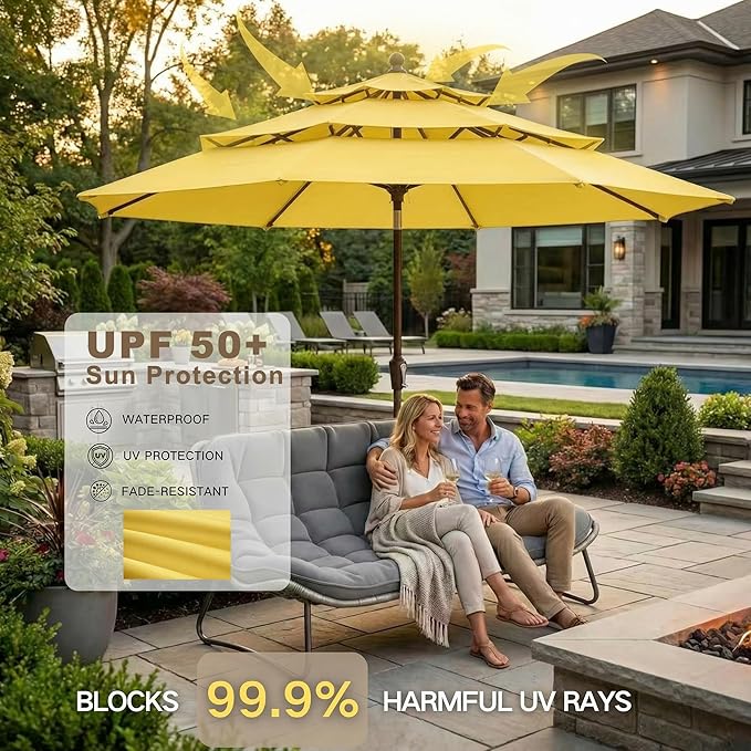 Kingdura 10ft 3-Tier Patio Umbrella, Outdoor Table Umbrella with Easy Crank & Tilt, 8 Reinforced Ribs, UV Protection for Deck, Pool, Market, Backyard (Yellow)