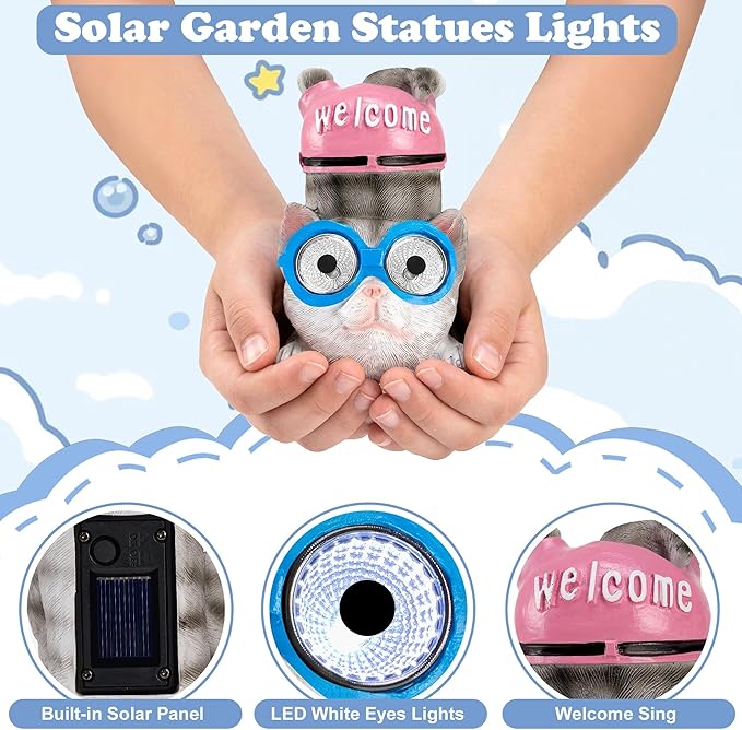 pearlstar 3 Pack Solar Lights Outdoor Garden Statues Resin Animal with Welcome Sign, Cat Dog Pig Solar Figurines LED Lights Waterproof Outside Decor for Patio Yard Lawn Pathway Christmas Ornaments