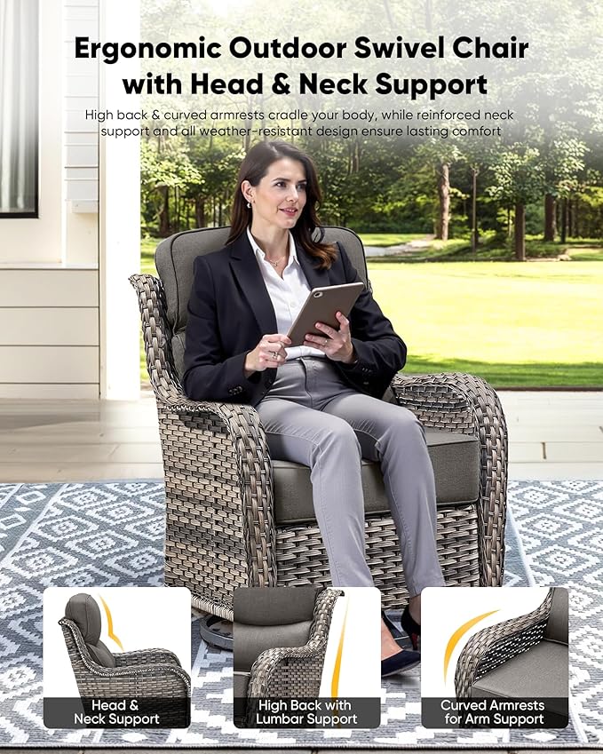 HUMMUH Outdoor Patio Wicker Swivel Rocker Chairs Set of 2 with 6-Inch Thick Cushion High Back Wicker Conversation Set for Porch Balcony Deck