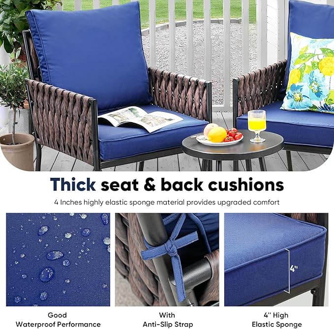 3-Piece Patio Furniture Set, Armchairs with Coffee Table,Modern Wicker Outdoor Conversation Set with Waterproof Thick Cushion for Deck,Backyard,Porch,Navy