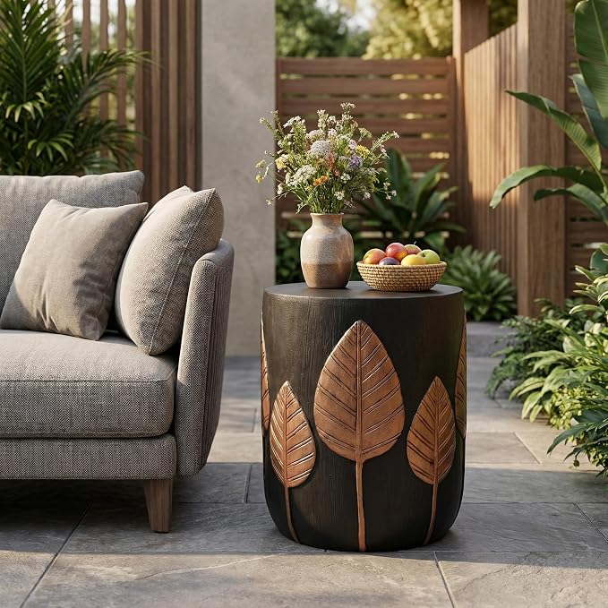 Outdoor Side Table Concrete End Table Round Drum Side Tables Antique Small Coffee Tables for Indoor Outdoor, Garden Stool Plant Stand for Porch Backyard Patio 15.25" *18.50 Black & Gold Leaves