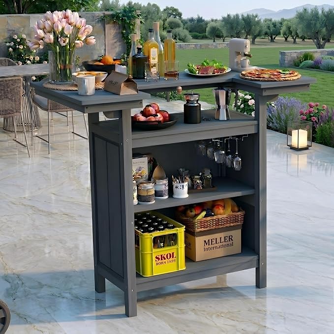 Domi Outdoor Bar Table, All-Weather HDPE Outdoor Kitchen Island with 4-Tier Storage Shelves, Patio Bar with Spacious Tabletop for Backyard, Poolside & BBQ, Grey