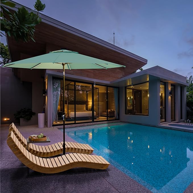 Midtown Umbrellas The LED Swilt 8 Feet Patio Umbrella With Terylast Seawater (Aqua) Polyester Fabric - Auto-Tilt Aluminum Frame With LED Lights For Backyard, Deck, Garden, Pool - Black Pole