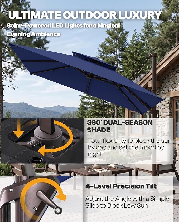 11' Patio Umbrella, Double Top Aluminum Cantilever Umbrella with 360°Rotation, Offset Patio Umbrella with Easy Tilt for Pool Deck Garden Backyard, Navy Blue (Base not Included)
