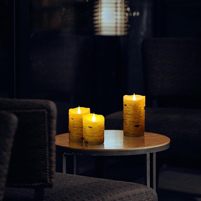 NICEME LED Birch Bark Flameless Candles Set of 3 Real Wax Battery Operated Candles Flickering Teardrop Wick Electric Decorative Pillar Bark Candles with Remote Timer, D3 x H4 5" 6"