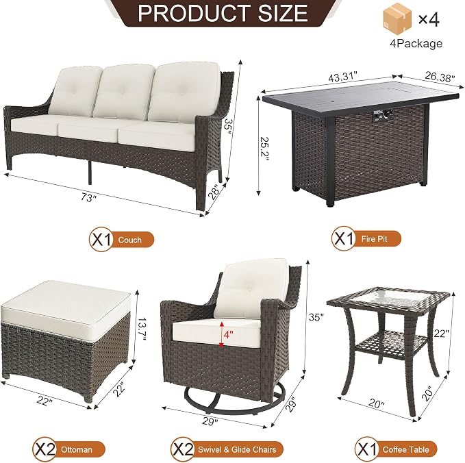 7-Piece Patio Furniture Set Includes Fire PitTable Outdoor Fumiture Combination Rattan Swivel ChairRattan Sofa with Coffee Table Suitable for Gardens,Patios,and Poolside (Beige)