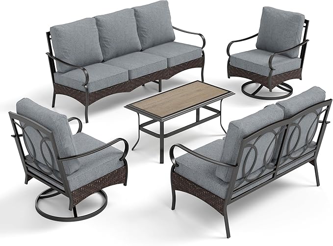 PHI VILLA Outdoor Modern Patio Furniture Set, Upgraded Wicker & Metal Patio Conversation Set with Waterproof Thick Cushions for Porch, Poolside, Yard (5 Pieces,Grey)