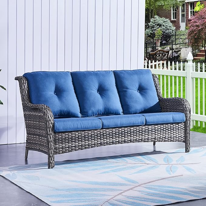 Rilyson Outdoor Couch Wicker Patio Sofa - 3 Seat Rattan Sofa with Deep Seating and Comfortable Cushions for Outside Porch Deck Balcony Garden(Mixed Grey/Blue)