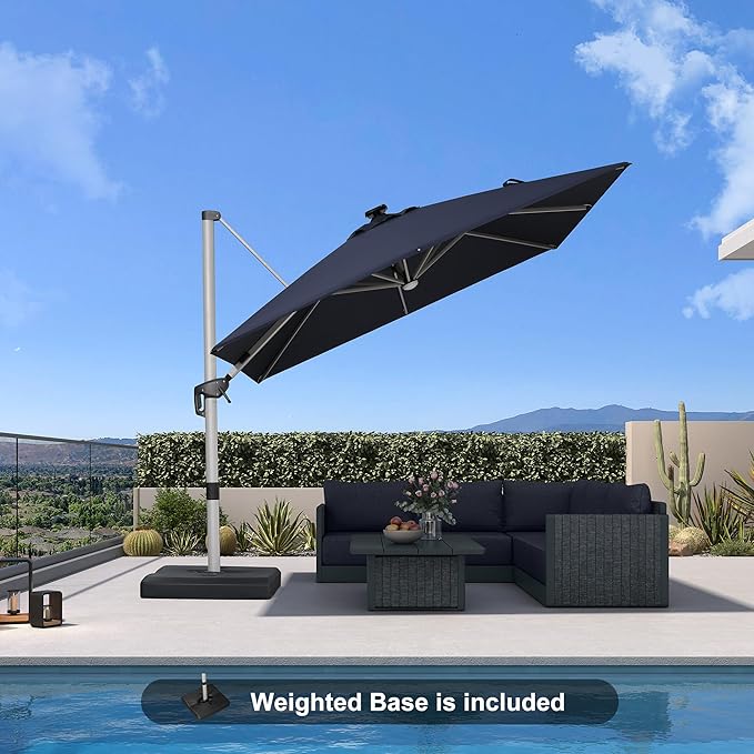 PURPLE LEAF Patio Umbrella with base 9 Feet Outdoor Square Cantilever Umbrella Solar Powered LED with 360-degree Rotation for Garden Deck Pool Patio, Navy Blue