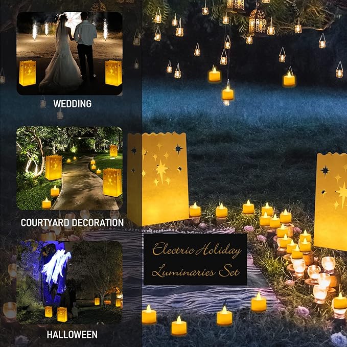 Sabary 50 Sets Luminary Bags with Flameless Tea Lights Outdoor Luminaries LED Lantern Candle Bags for Wedding Birthday Ramadan Christmas Party Decorations Romantic Decor(Firework)