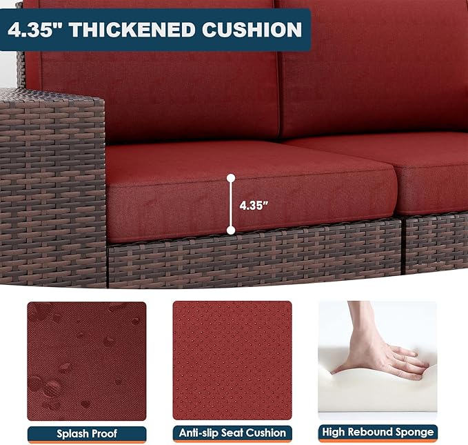 Patio Furniture Set, 8 Pieces Outdoor Sectional Sofa Conversation Sets with Waterproof Cover Modern Wicker Seating Set, 4'' Thickened Cushions 1 Glass Coffee Table 2 Armless Sofas, Wine