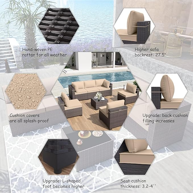 ALAULM 7 Pieces Patio Furniture Set Wicker Patio Conversation Set, Outdoor Sectional Furniture w/Coffee Table & Washable Seat Cushions-Sand