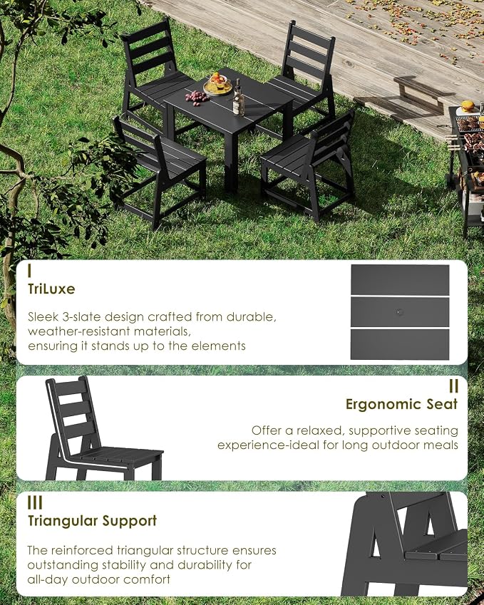 GREENVINES 5-Piece-Outdoor-Dining-Set | HDPE | Square | Patio Furniture | Table and Chairs Sets for 4 | All Weather | Armless Chair | Umbrella Hole | for Backyard Poolside Garden | Black