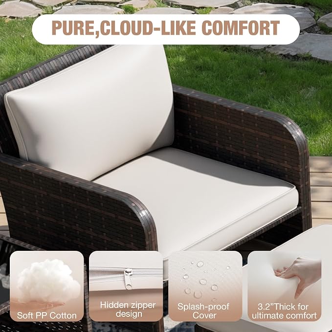 LEVELEVE Patio Conversation Set 5 Piece, Balcony Furniture Outdoor PE Rattan Wicker Lounge Chairs with Soft Cushions, 2 Ottomans & Glass Table for Porch Lawn, Brown with Beige Cushions