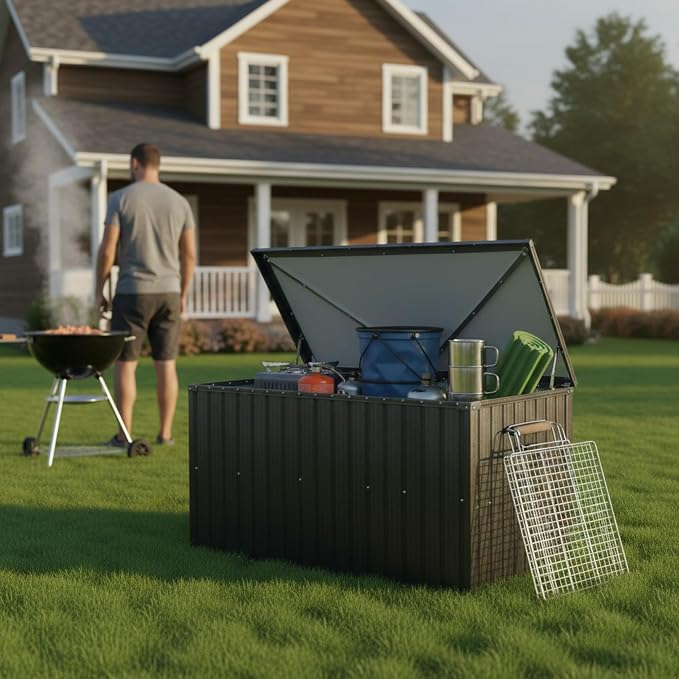 Outdoor Metal Storage Box 215 Gallon, Patio Deck Box for Cushions, Tools & Toys, Weather-Resistant Garden Storage Container for Backyard, Patio & Terrace