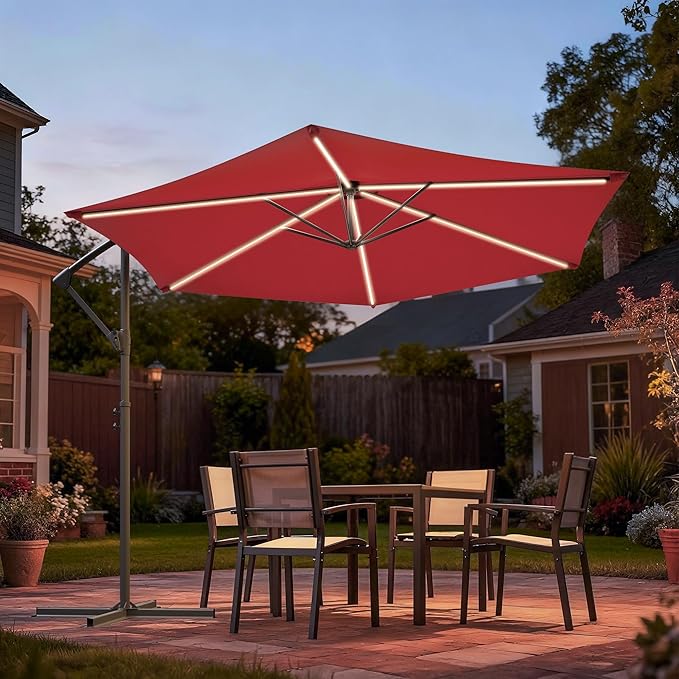 10ft Offset Patio Umbrella with Solar Light Strips,Outdoor Cantilever Hanging Umbrella with Cross Base, Fade Resistant Recycled Fabric, for Pool, Deck, Garden,Backyard,