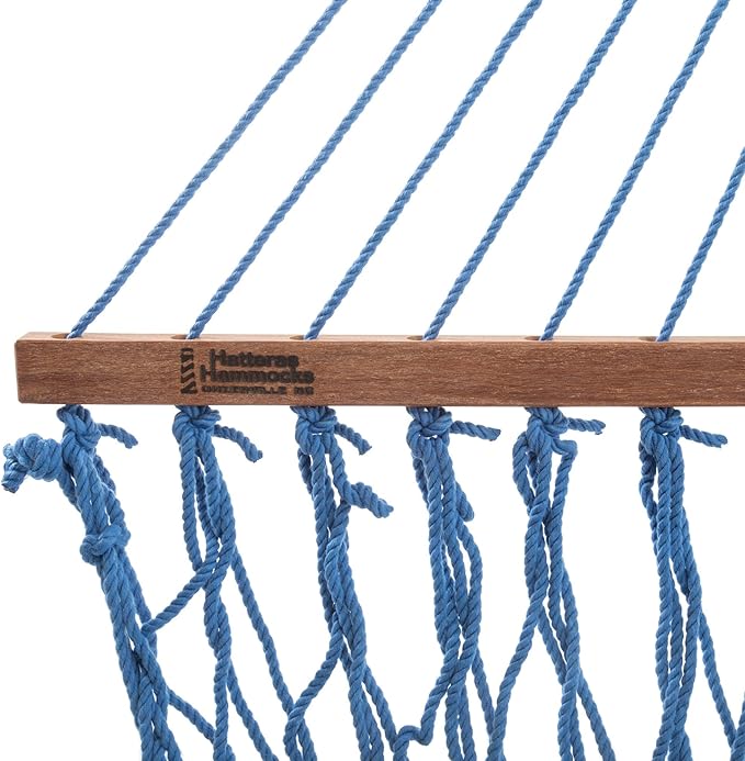 Hatteras Hammocks Large Coastal Blue DuraCord Rope Hammock – 13 ft. x 55 in., 2-Person, 450 lb Capacity, Cumaru Spreader Bar, Zinc-Plated Hardware – Handcrafted in The USA