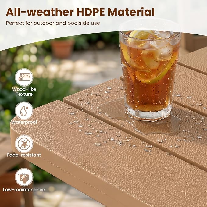 Tangkula Outdoor Adirondack Side Table, 18" Heavy Duty HDPE Patio End Table with Slatted Surface, 0-Screw Assembly, Easy Maintenance, Small Outdoor Side Table for Porch, Pool, Garden, Deck (1, Brown)