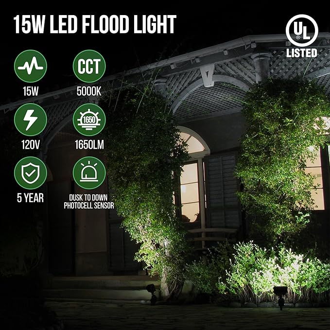GKOLED 15W LED Flood Lights Outdoor, Dusk to Dawn Security Light, with Anti-Glare Guard, 120V 5000K 1650LM Waterproof Landscape Lighting, Aluminum Lighting Fixture, 1/2" Knuckle Mount, UL Listed