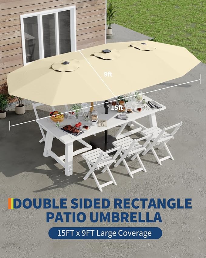 GarveeLife Large Patio Umbrella with Base Included, Double-Sided Rectangle Market Umbrella with Cross Base and Sandbag for Pool Lawn Garden (Beige, 15 ft)