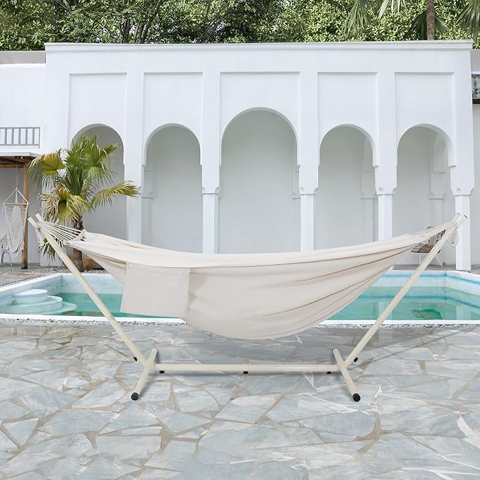 LazyDaze Hammocks Double Hammock with Stand - 2 Person Heavy Duty Outdoor Hammock for Adults, Includes Durable Steel Stand, Portable Carrying Bag and Pillow, Beige