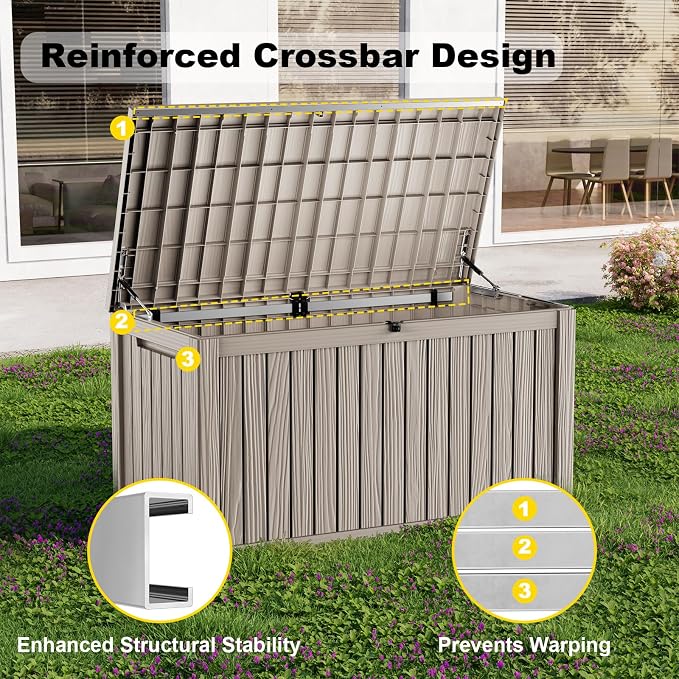 230 Gallon Outdoor Deck Box, Resin Waterproof Storage Box With Lockable Lid, UV-Resistant Multi-Purpose Outdoor Storage Bench for Patio Cushions, Garden Tools, Pool Accessories (Grey)