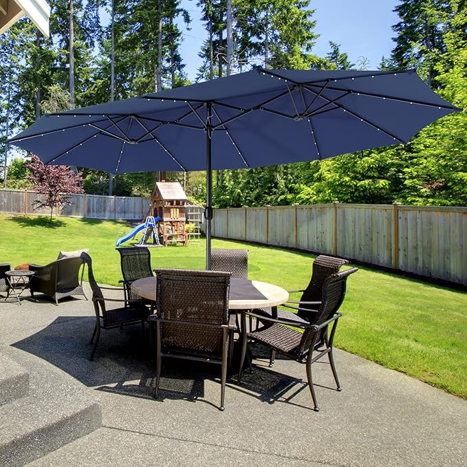 Giantex 15 FT Double Patio Umbrellas with 48 Solar LED Lights, Auto-Charging Panel, Crank System, Outdoor Extra-Large Rectangle Market Table Umbrella for Garden Deck Backyard Beach Pool