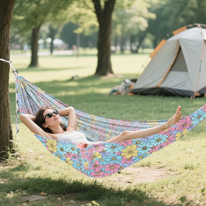 Camping Hammock Outdoor Hammocks for Outside Spring Flowers Beach Trees Portable Lightweight with Pockets Tree Straps Indoor