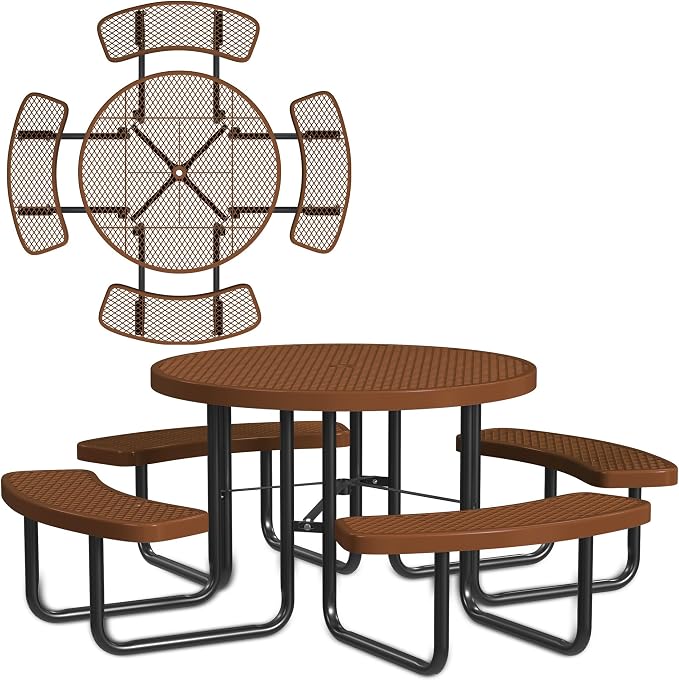 Leisure Craft Metal Picnic Table with Bench - 46" Round Outdoor Dining Table for 8 with Umbrella Hole, Weatherproof Heavy Duty Thermoplastic Coating, Commercial Grade Furniture Made in USA - Brown