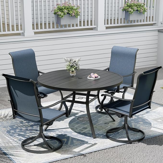Outdoor Dining Table with 4PCS Swivel Chairs,48"x 48"x 28" Round Patio Table with Adjustable Umbrella Hole,Stable Patio Dining Set for Home or Outside