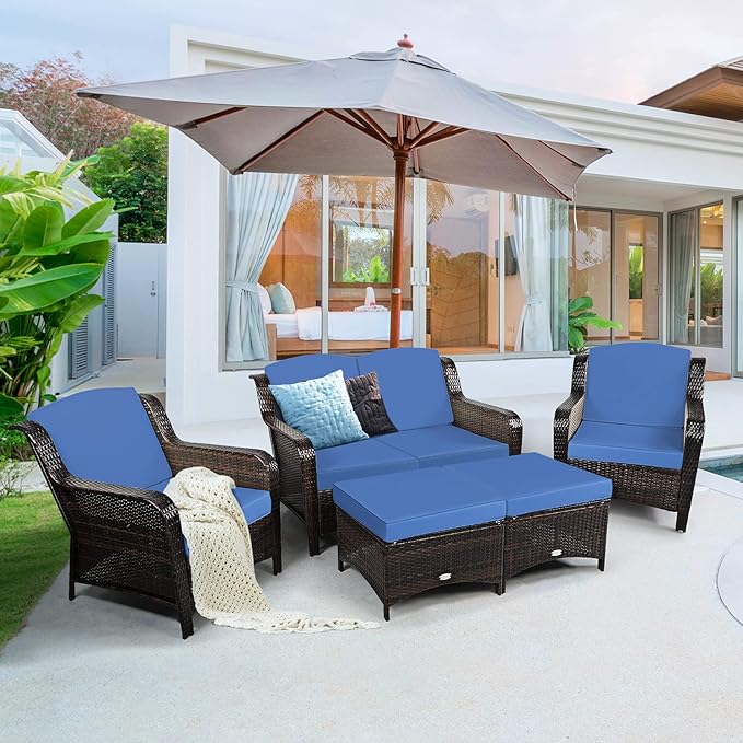 Tangkula 5 Pieces Patio Furniture Set, Outdoor Rattan Conversation Sofa Set with Loveseat, Single Sofas and Ottoman, Sectional Sofa Set with Removable Cushions for Porch, Backyard, Balcony, Lawn