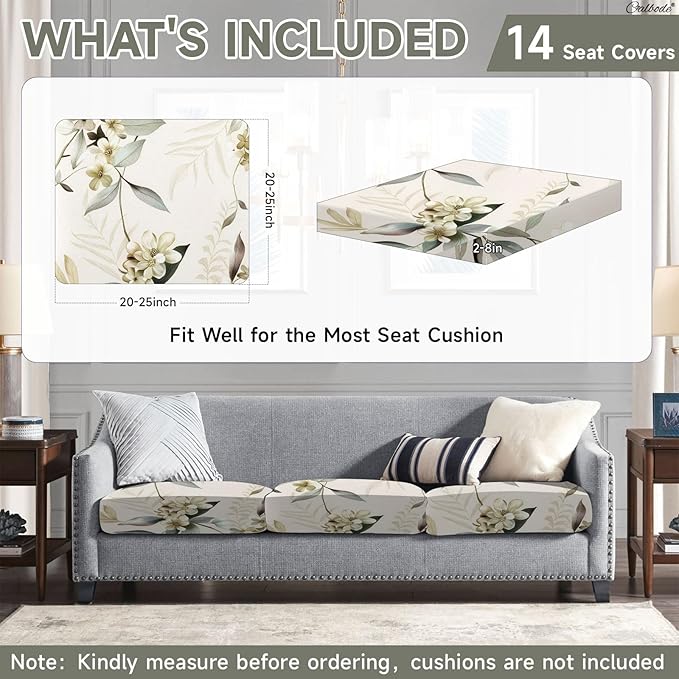 CALBODE 14 Pcs Stretch Outdoor Seat Cushion Covers, Washable Chair Seat Cover for Patio Furniture Cushions Soft Indoor and Outdoor Couch Cover Replacement (Beige Botanical, Cover Only)