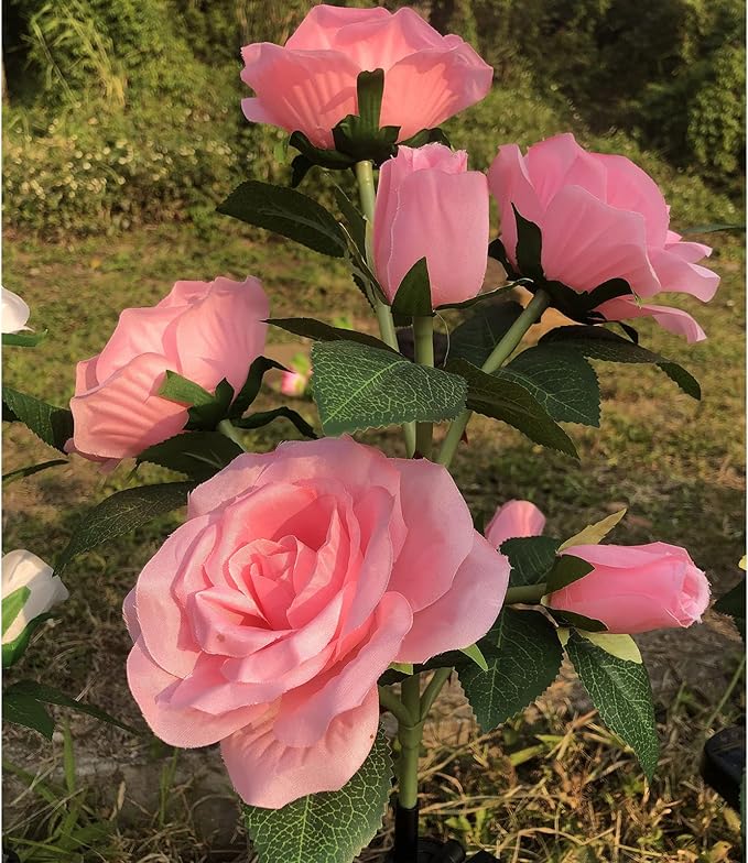[Upgraded 6 Flowers]Solar Garden Decorative Artificial Flowers Lights, Outdoor Waterproof Rose Stake Light for Country Yard Front Porch Step Pathway Memorial Cemetery Grave Gravesite Decor,Pink