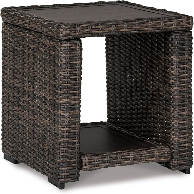 BOWERY HILL Square Patio End Table, 22.25 in H x 19.75 in W x 20 in D, All-Weather Resin Wicker with Rust-Proof Aluminum Frame, Brown Finish, Outdoor Table for Patio or Garden Use
