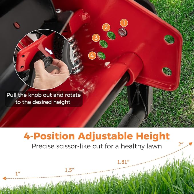 16" Manual Rear Mower, Push Lawn Mower with 5 Steel Blades, Adjustable Cutting Heights & Grass Catcher Bag, Walk-Behind Grass Cutter Lawn Sweeper for Garden, Park & Yard (Red)