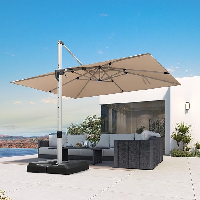 PURPLE LEAF Patio Umbrella with Base 9' X 12' Outdoor Rectangle Cantilever Umbrella Solar Powered LED with 360-degree Rotation for Garden Deck Pool Patio, Beige