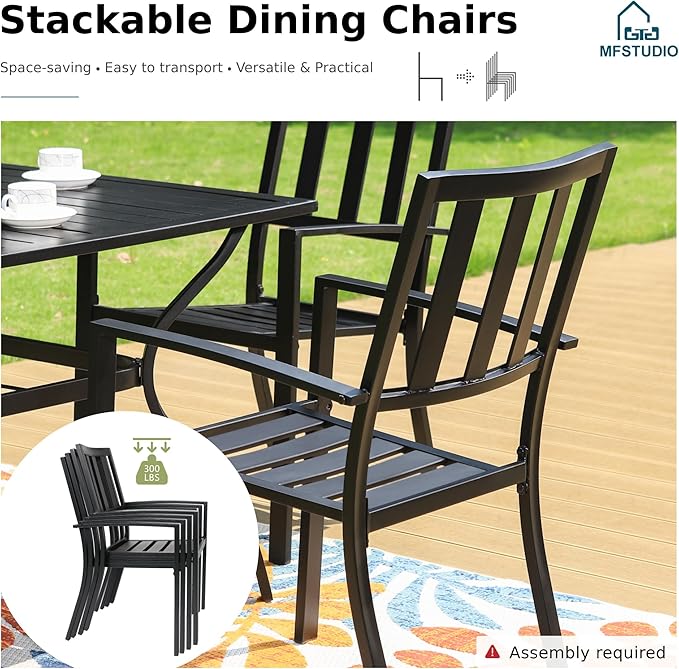 MFSTUDIO Outdoor Table and Chairs Set for 4 w/Umbrella Hole | Durable metal frame, rust-resistant. Includes 4 chairs & patio table w/ umbrella hole. Perfect for deck, yard or patio.