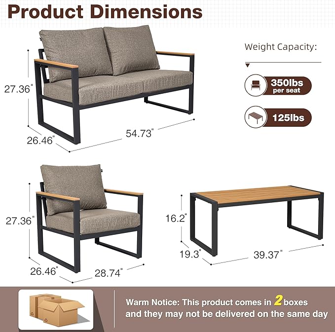 Patio Furniture Set, 4 Pieces Outdoor Patio Furniture with Coffee Table Set, Metal Patio Conversation Sets with Washable and High-Resiliency Sponge Cushions,Coffee